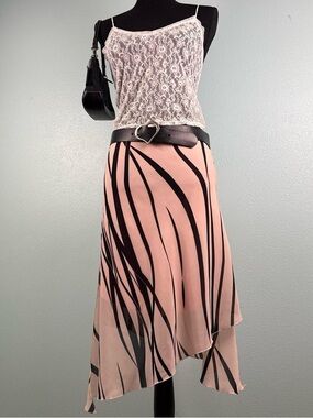 Y2K Vintage Pink and Black Striped Flowy Fairycore Midi Skirt Women Size Medium
